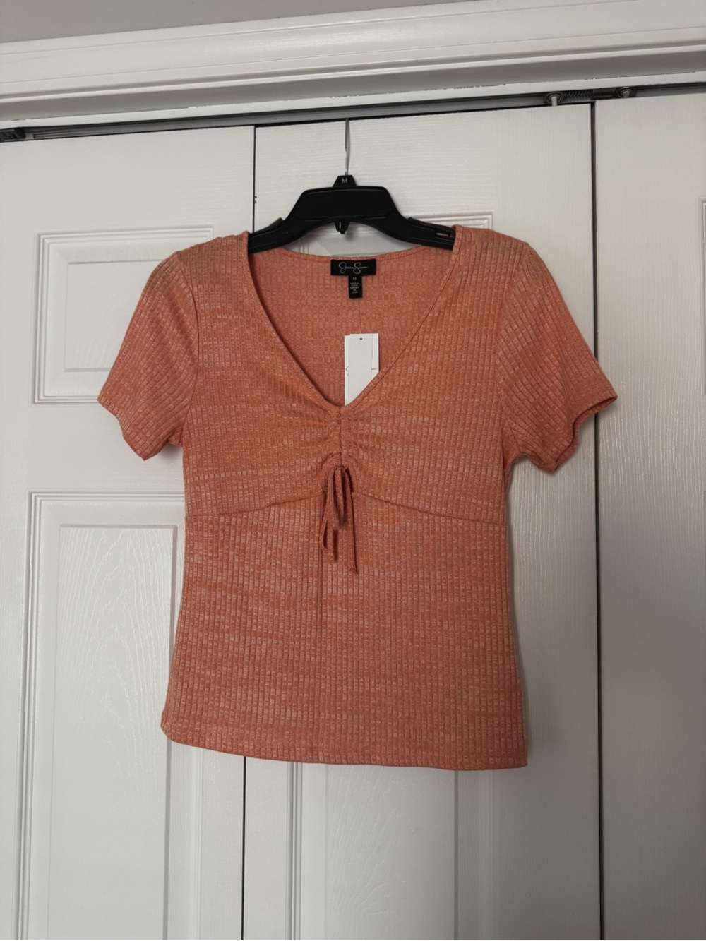 Jessica Simpson Coral Ribbed Tie-Front Short Sleeve Top